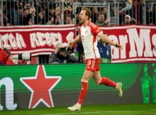 Harry Kane celebrating a goal. (Photo- Bayern Munich Twitter)